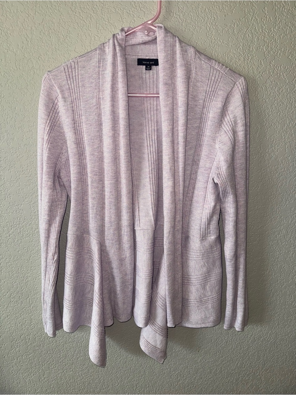 Verve Ami Open Front Draped Ribbed Knit Cardigan Sweater Lavender Size M
